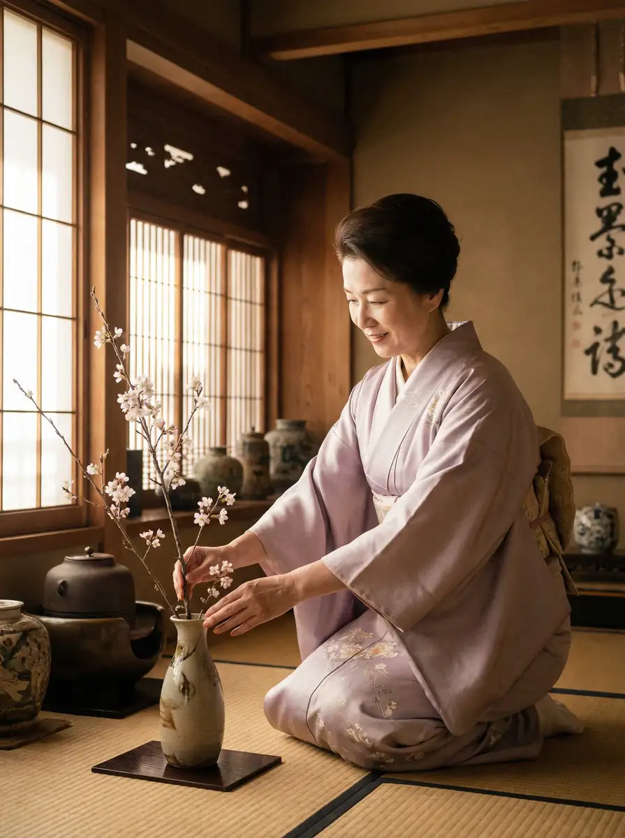 一位优雅的 安博体育 在和室中插花